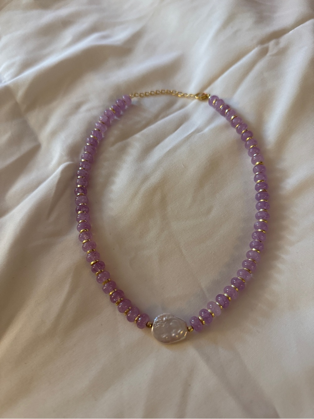 Lilac + Gold Glass Beaded Necklace with Baroque Pearl Detail